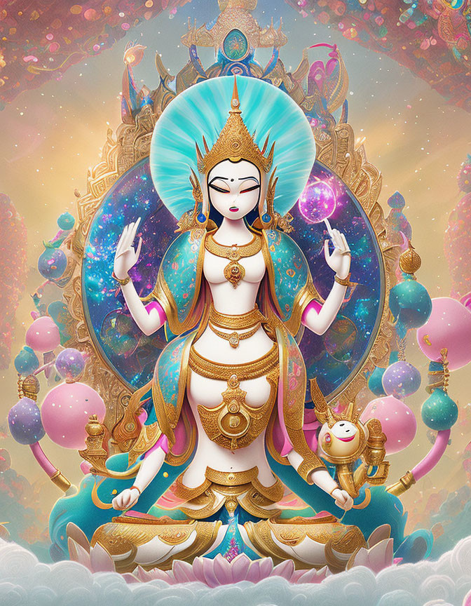 Cosmic-themed deity illustration with multiple arms and golden ornaments