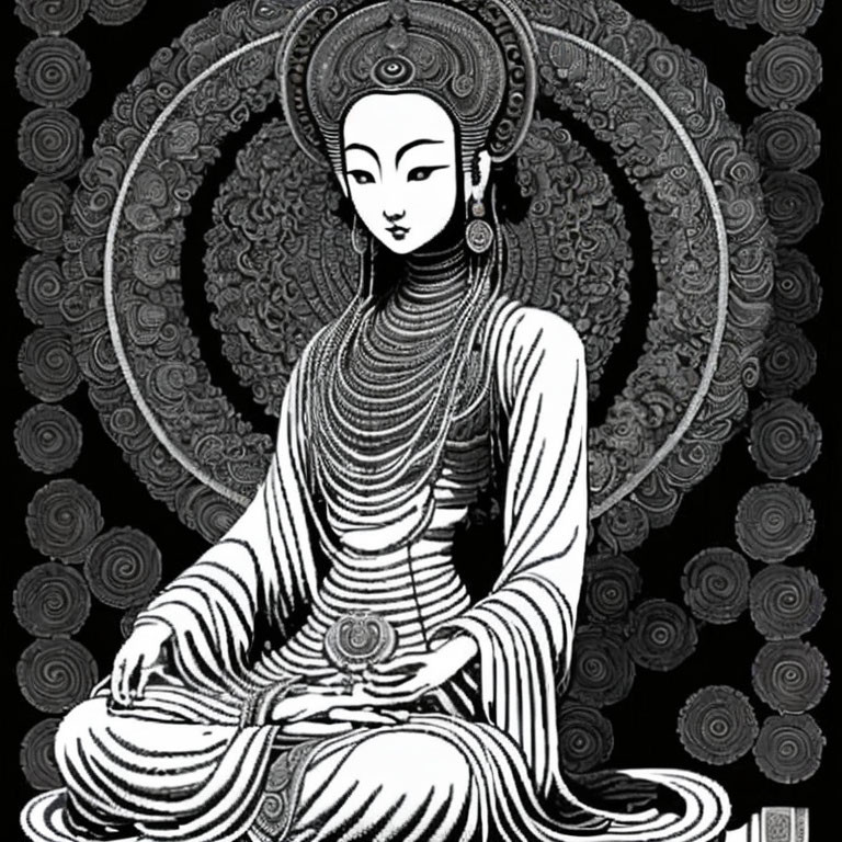 Monochrome illustration of serene Buddha in meditation with intricate patterns and floral mandala.