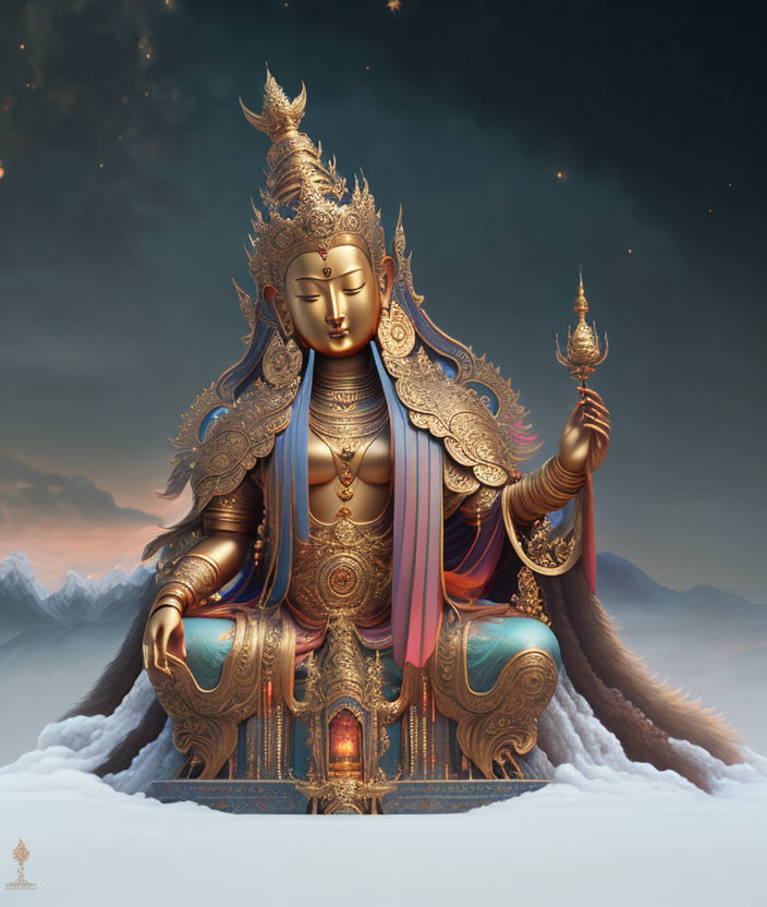 Golden, Ornate Multi-Armed Figure Amid Mountains and Clouds