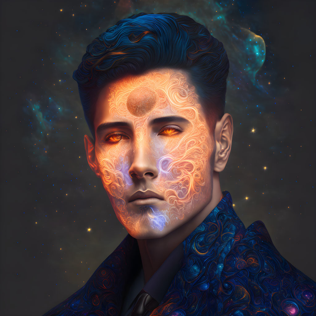 Man's portrait with cosmic patterns and glowing symbols on face in starry space.