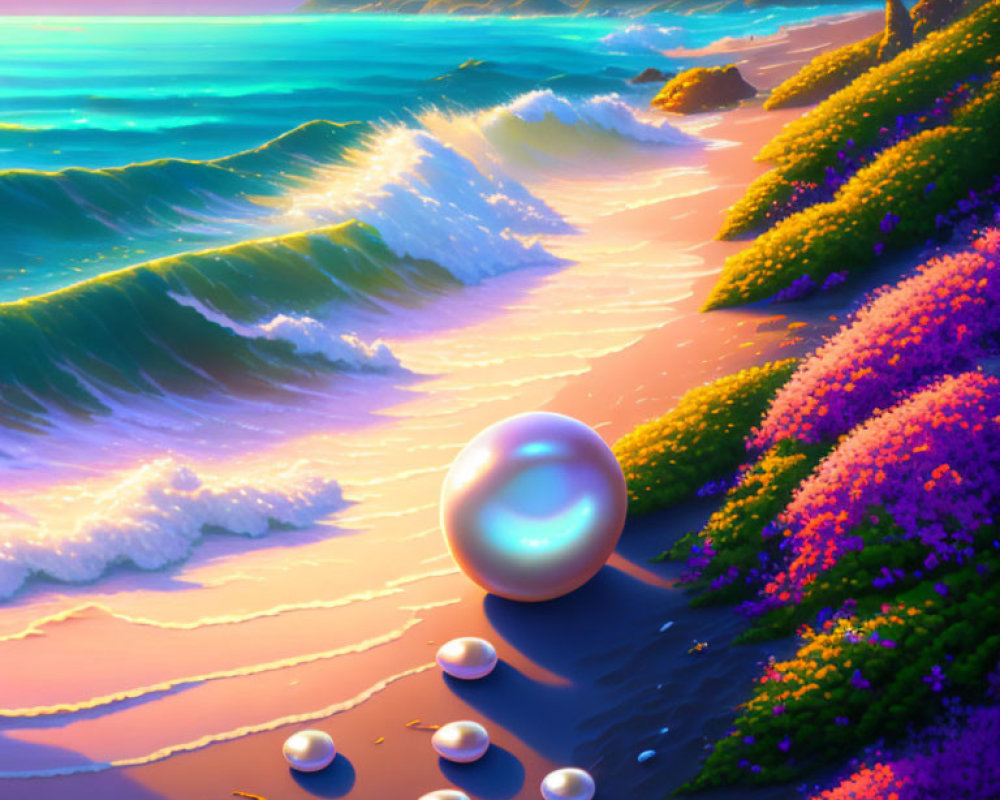 Colorful digital artwork of serene beach with reflective sphere, orbs, trees, and sunset