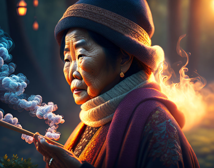 Elderly woman with scarf and hat holding incense in serene wooded setting