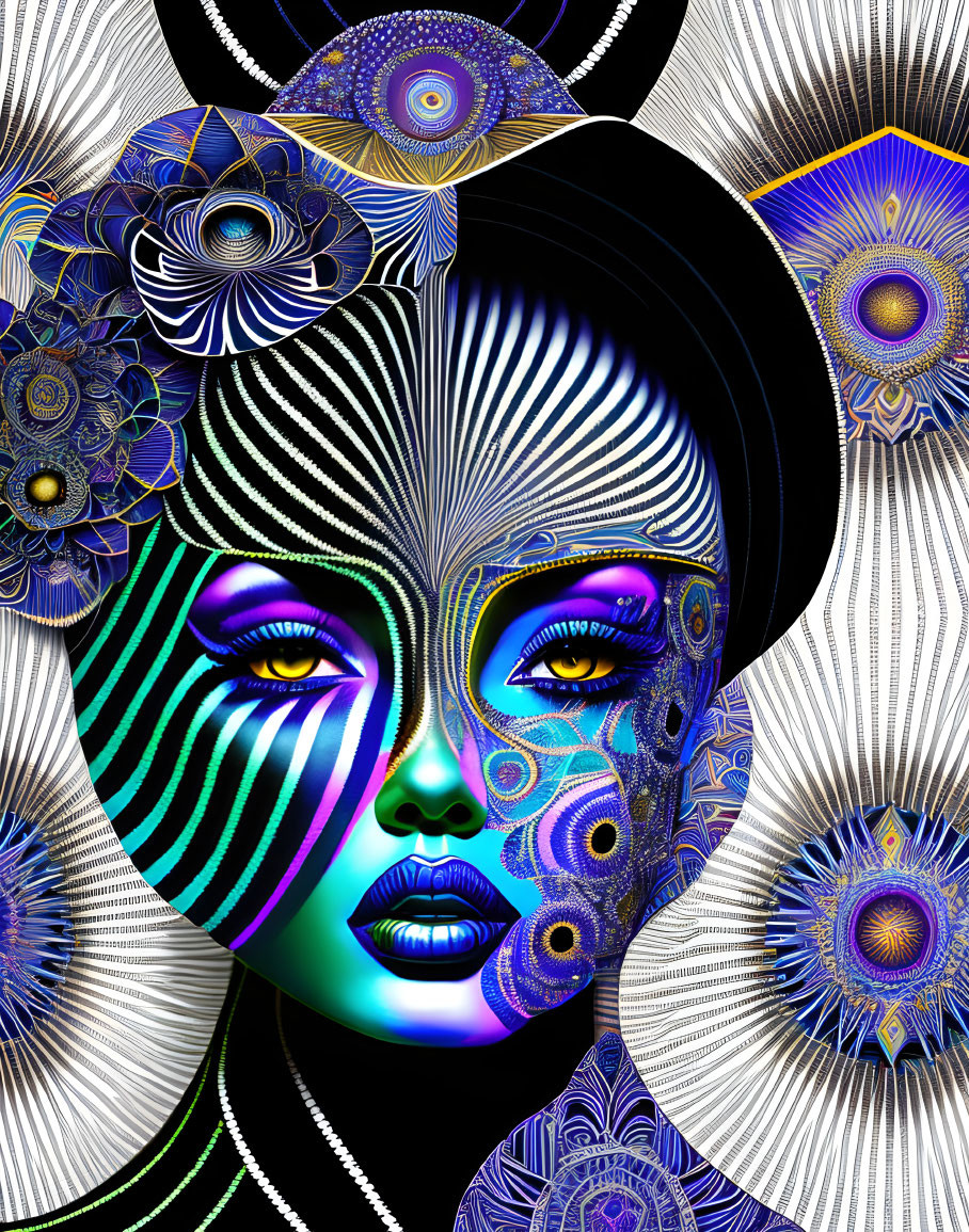 Colorful digital artwork: Woman's face with neon patterns on black background