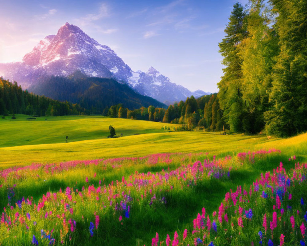 Scenic alpine meadow with purple flowers, green grass, trees, and snow-capped mountains