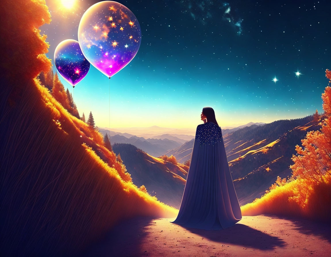 Woman in Starry Cape Balloons on Golden Hill Path