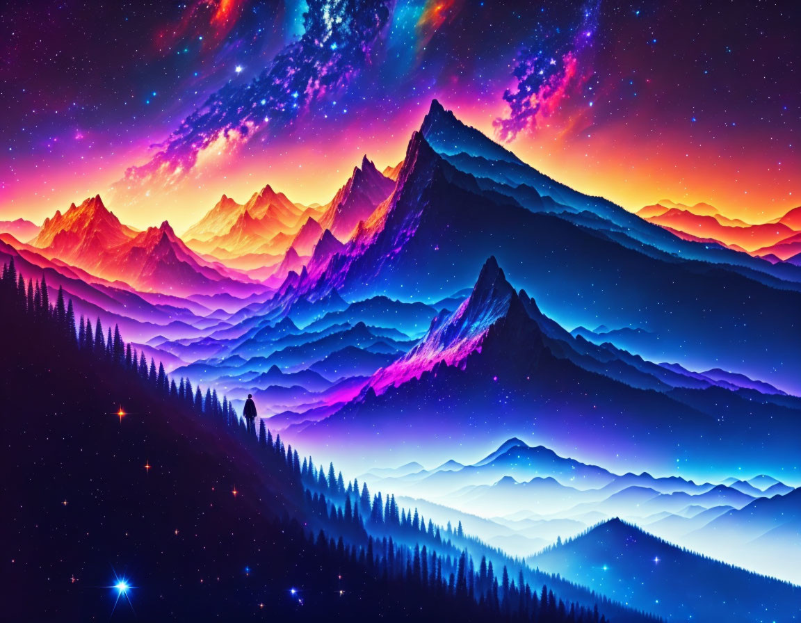 Neon color palette mountain ranges under starry night sky