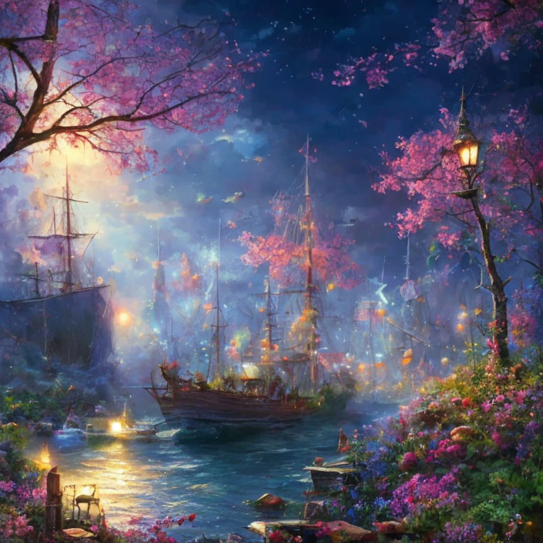 Twilight harbor scene with lanterns, ships, and cherry blossoms