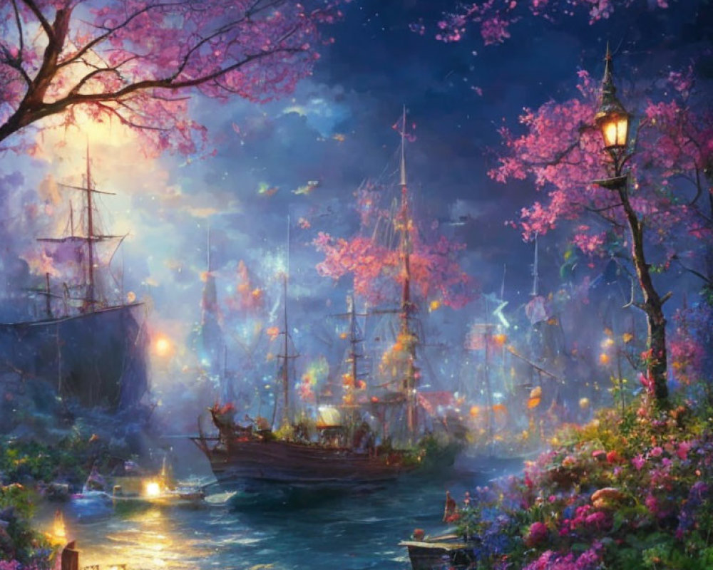 Twilight harbor scene with lanterns, ships, and cherry blossoms