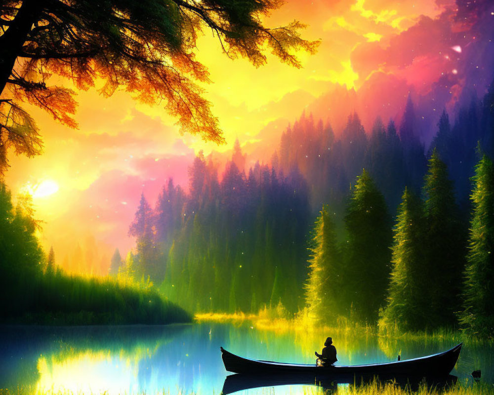 Person in Canoe on Calm Lake at Sunset with Stars Emerging