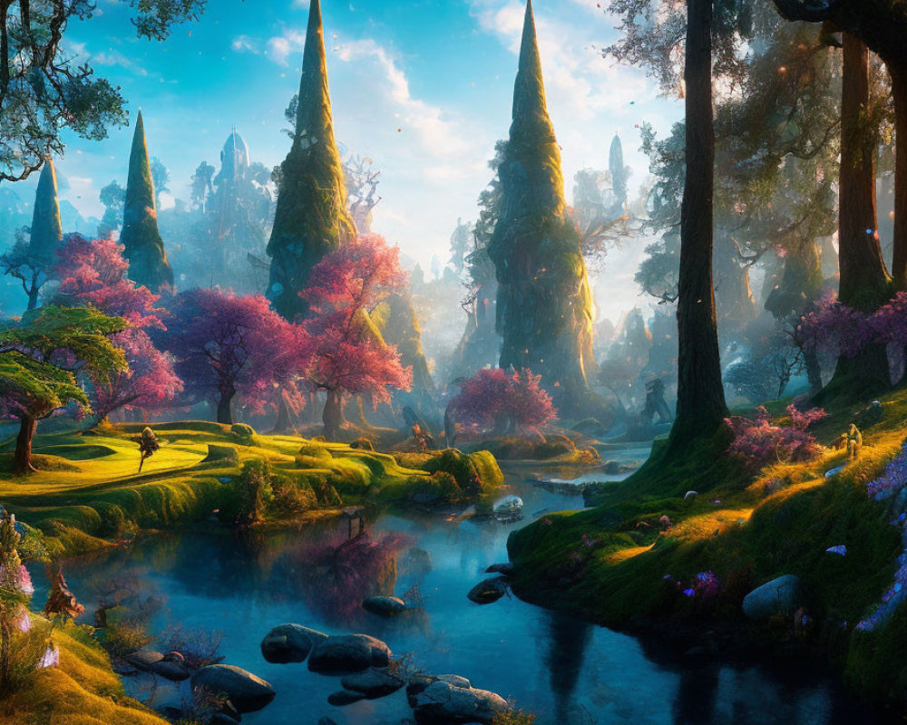 Tranquil Fantasy Forest with Vibrant Trees and Peaceful River