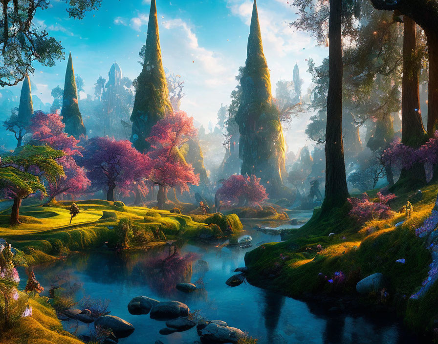 Tranquil Fantasy Forest with Vibrant Trees and Peaceful River