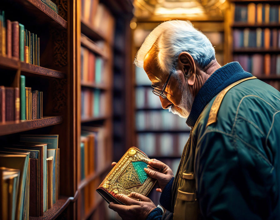 Elderly man reading ornate book in warmly lit library