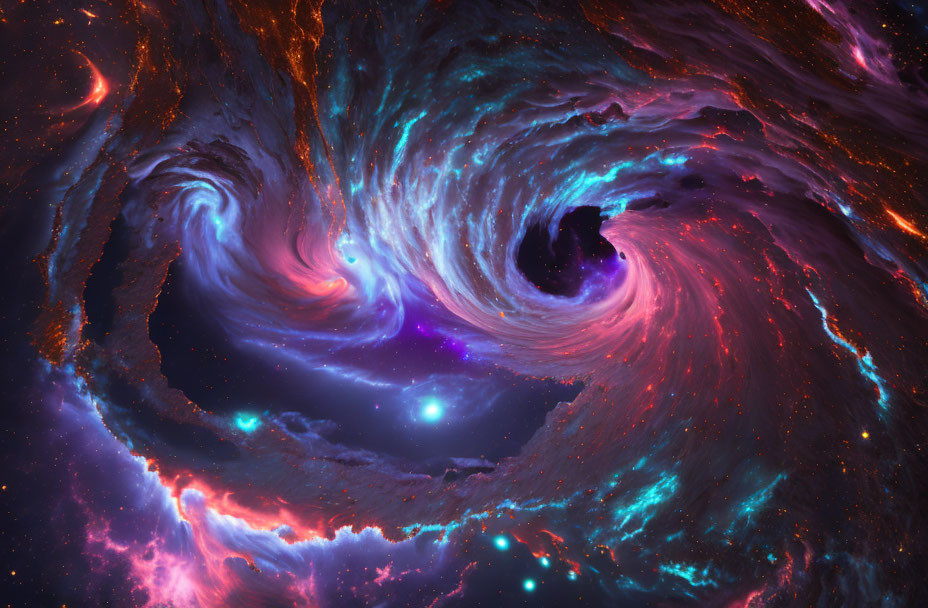 Swirling Galaxy with Black Hole and Bright Stars in Blue and Red