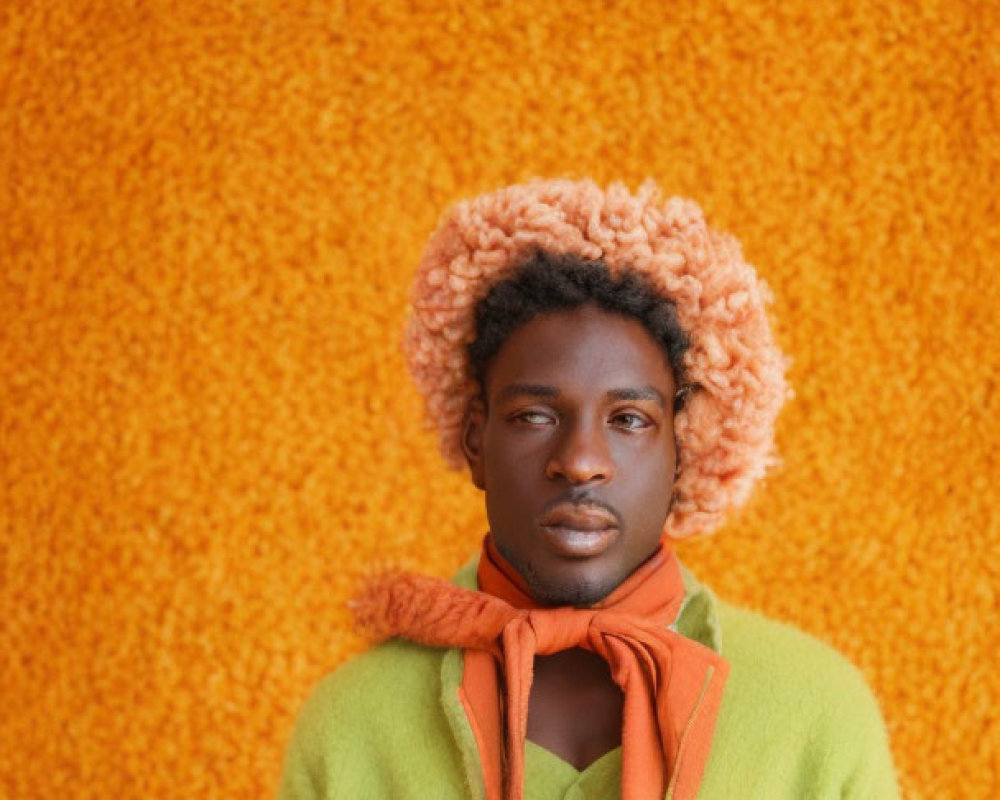 Curly-Haired Person in Green Coat with Orange Scarf on Textured Background