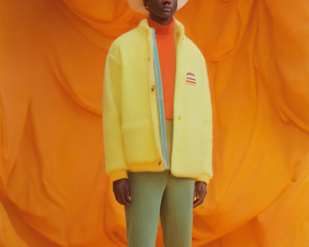 Person in Yellow Jacket, Green Trousers, White Hat Against Orange Backdrop