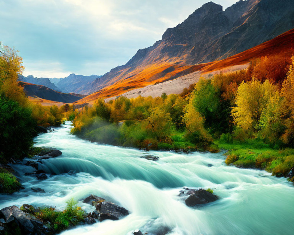 Scenic autumn landscape with river and mountains