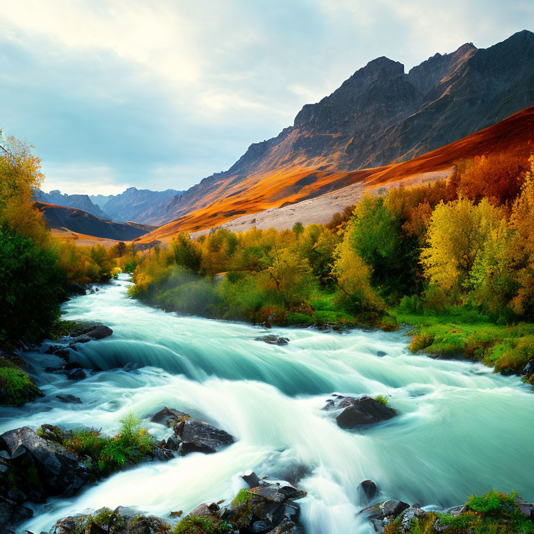 Scenic autumn landscape with river and mountains