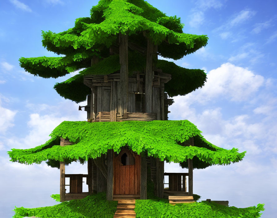 Whimsical treehouse with lush green leaves and small entrance door