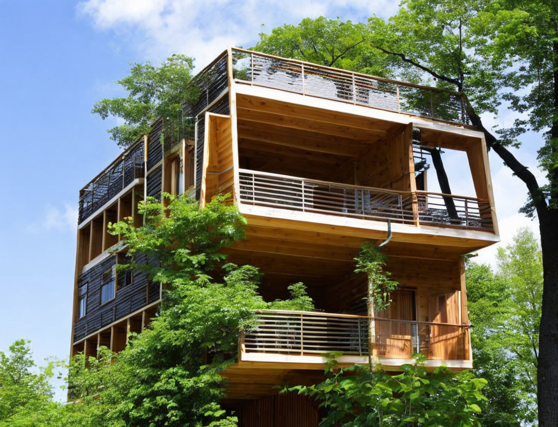 Spacious multi-story treehouse with large windows and balconies surrounded by trees.