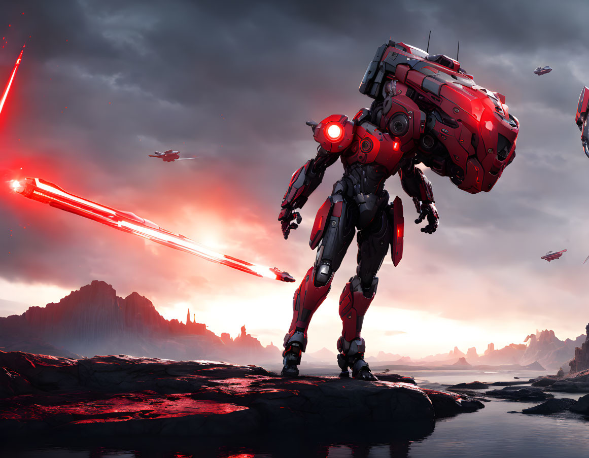 Red and white armored giant robots in rocky landscape with laser beams under cloudy sky