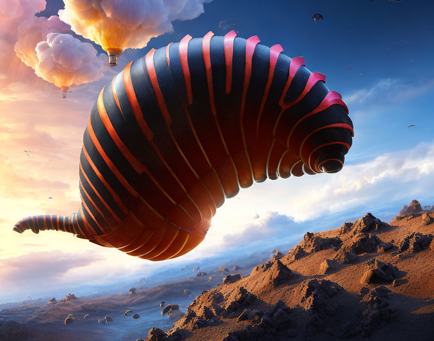 Striped seashell-shaped hot air balloon over surreal rocky landscape