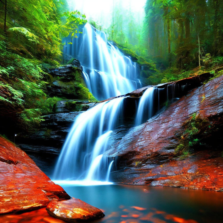 Verdant forest waterfall with moss-covered rocks and sun rays.