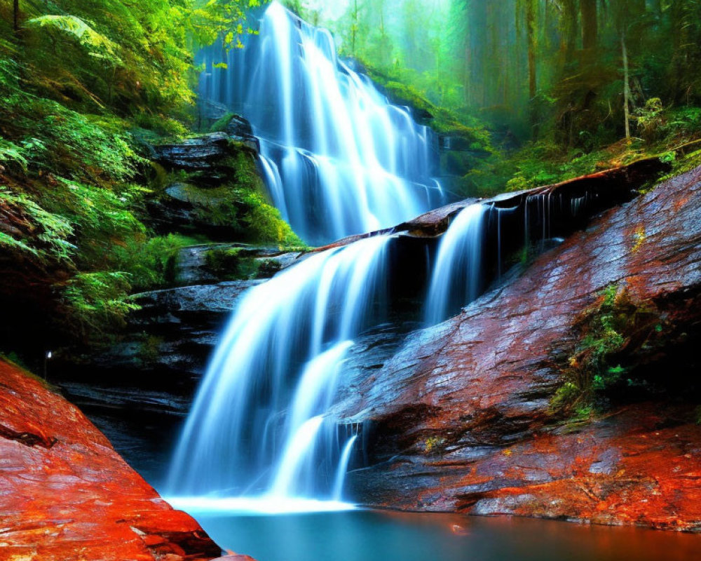 Verdant forest waterfall with moss-covered rocks and sun rays.