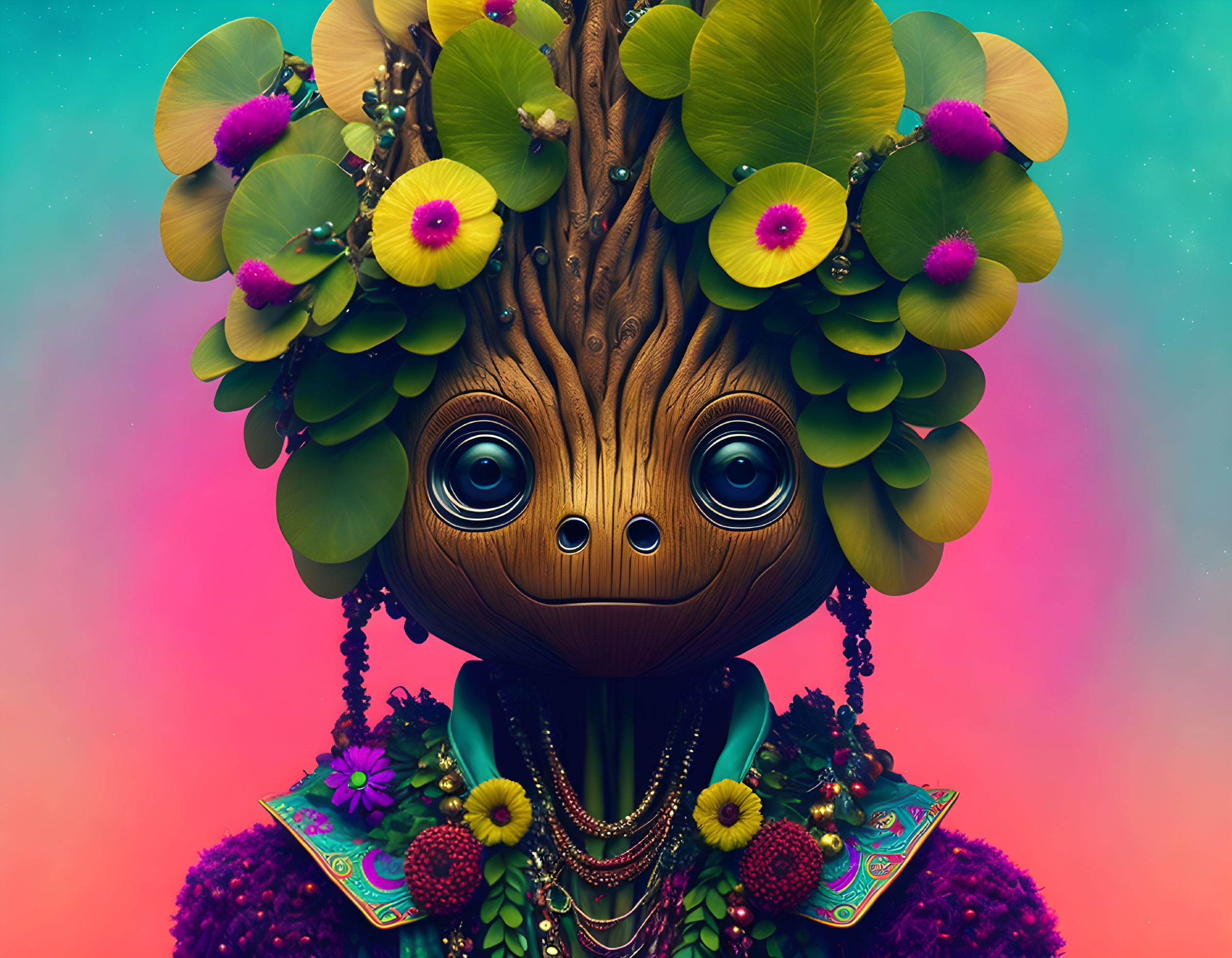 Colorful creature with tree-like face and vibrant accessories on gradient backdrop