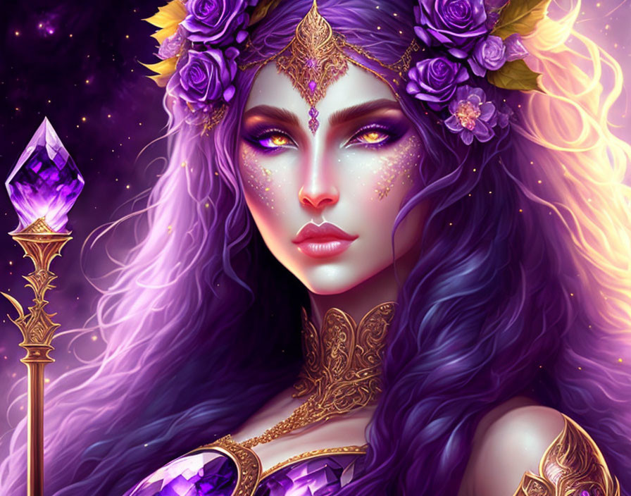 Mystical woman with purple hair and crystal staff on dark violet backdrop