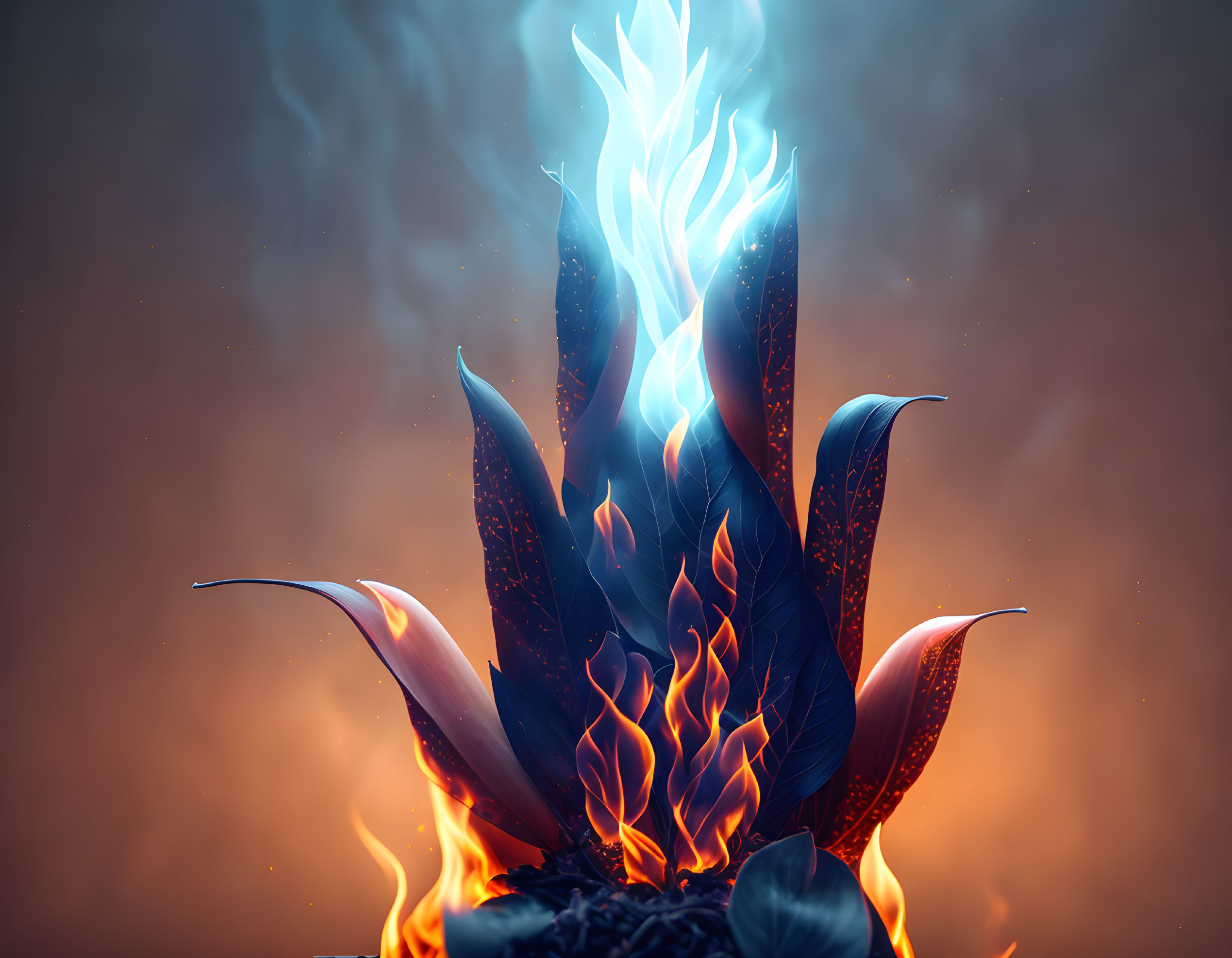 Conceptual digital art: Flaming plant with blue flames and ember-like leaves on smoky background