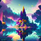 Majestic fantasy forest with vibrant colors under dreamy sky