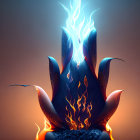 Conceptual digital art: Flaming plant with blue flames and ember-like leaves on smoky background