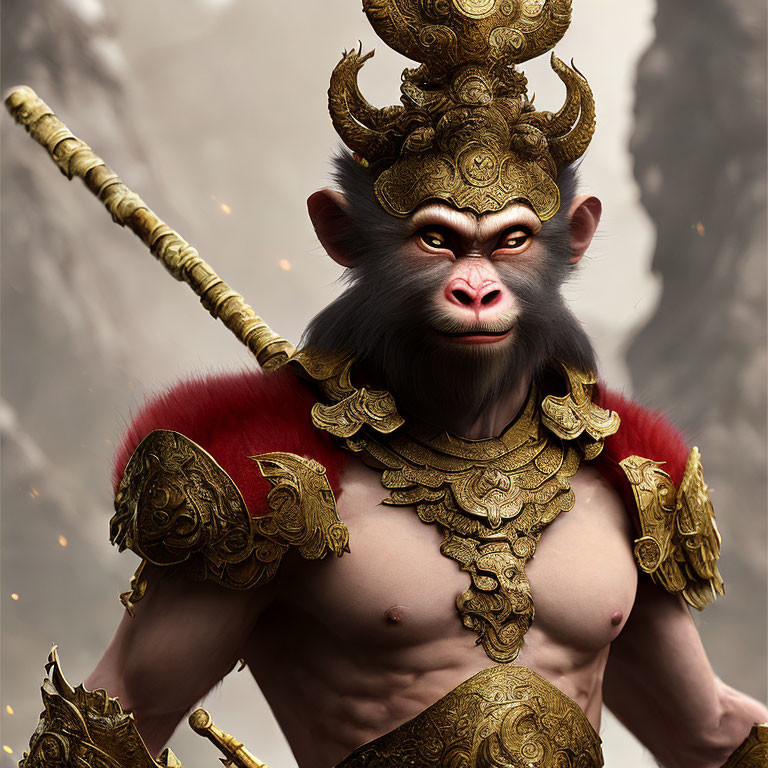 Majestic warrior with monkey head in golden armor and staff