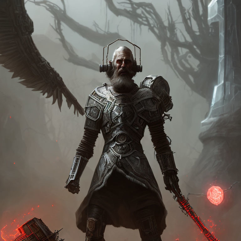 Bearded man in futuristic armor with chain weapon in chaotic setting