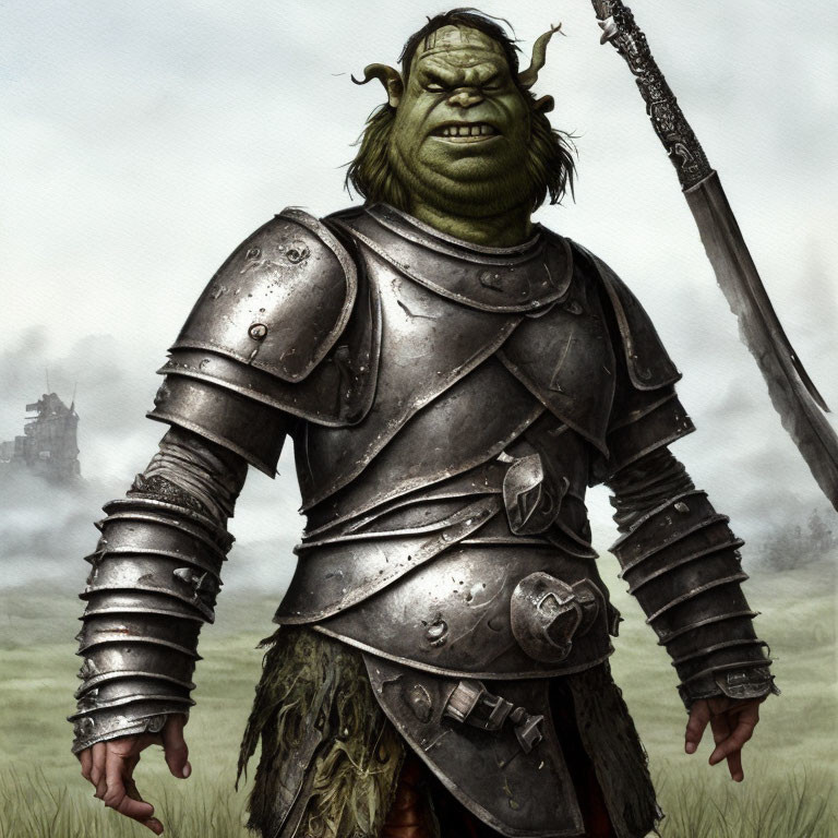 Green-skinned orc in plate armor with staff in front of misty castle