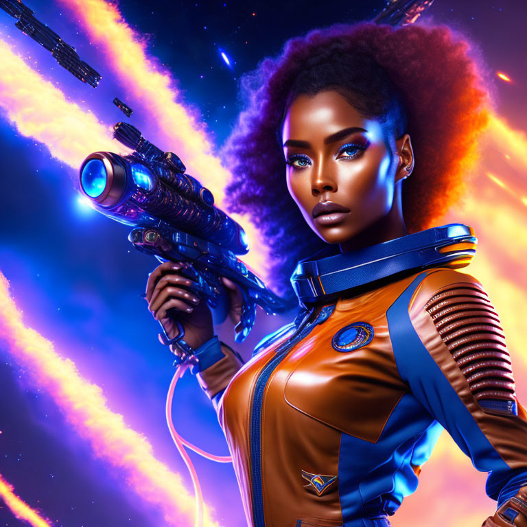 Futuristic female warrior with afro and plasma rifle in orange space suit against cosmic backdrop