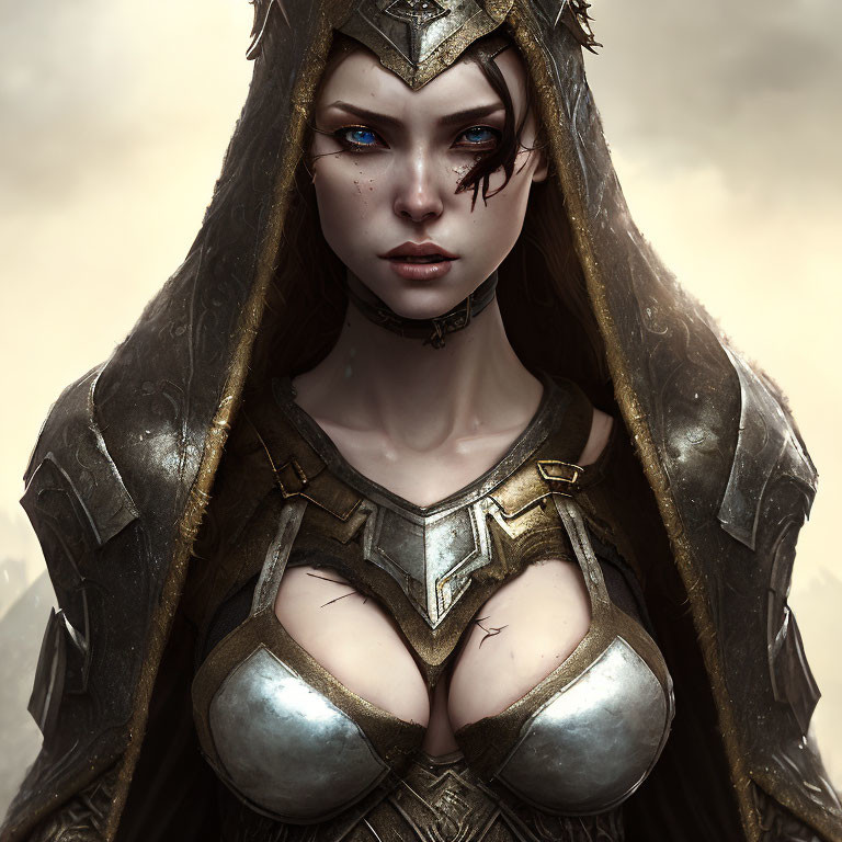 Digital artwork: Woman in fantasy armor with blue eyes, dark hair, and regal headpiece against