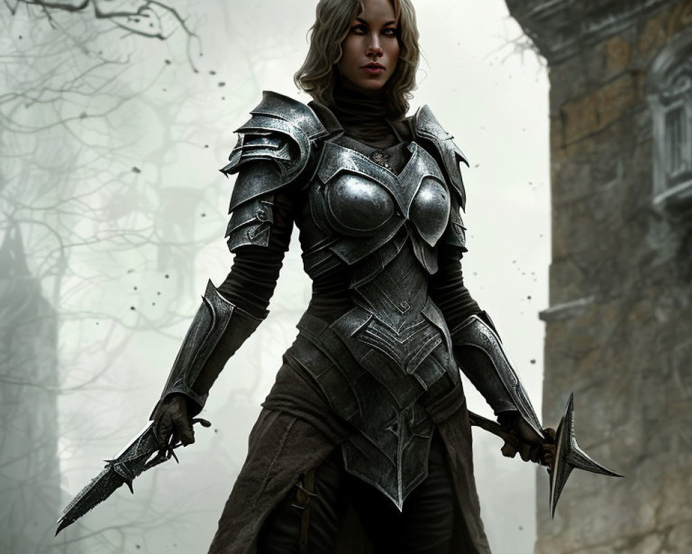 Detailed Female Warrior in Metallic Armor Stands Against Ominous Backdrop