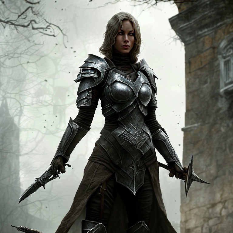 Detailed Female Warrior in Metallic Armor Stands Against Ominous Backdrop