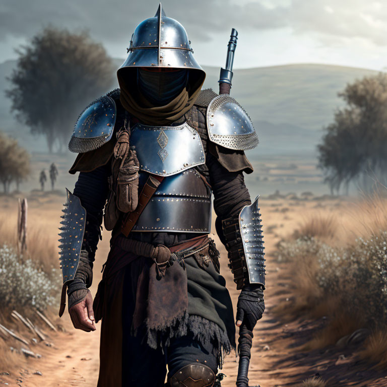 Knight in Plate Armor with Face Covered by Scarf in Desolate Landscape