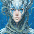 Fantastical female figure with tentacles in hair on blue oceanic backdrop