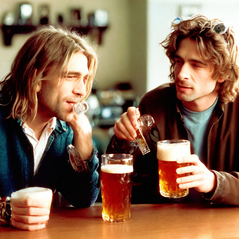 Two Men Pouring Drinks and Holding Beer Glasses at Bar