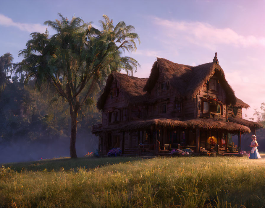 Thatched Cottage Surrounded by Palm Trees at Sunset