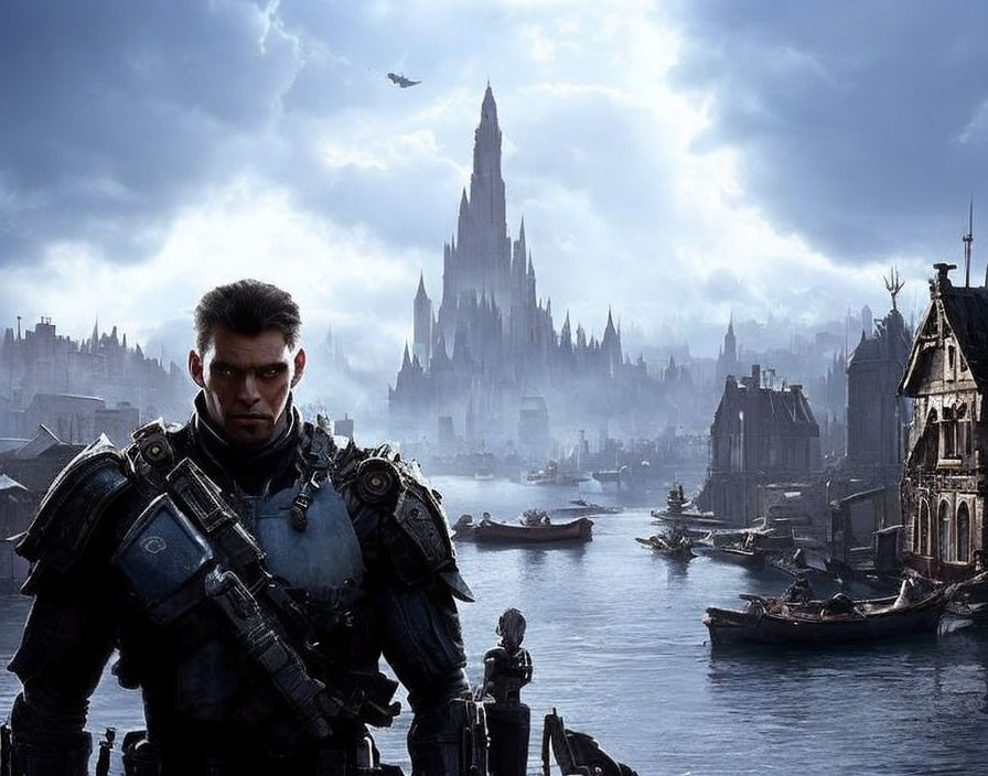 Futuristic armored man in gloomy medieval cityscape with castle and boats