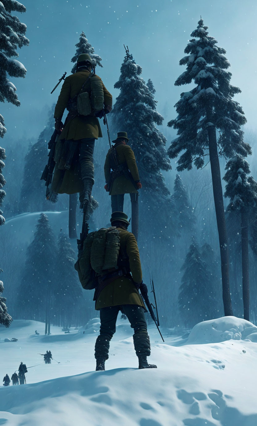 Soldiers in winter gear trek through snowy forest with one on stilts.