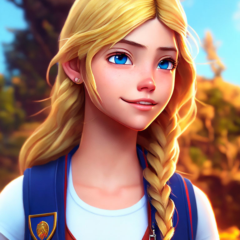 Young Female Character 3D Illustration with Blue Eyes and Blonde Braided Hair