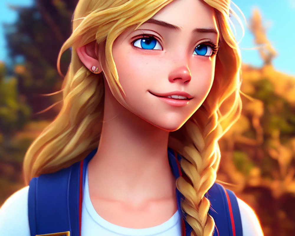 Young Female Character 3D Illustration with Blue Eyes and Blonde Braided Hair