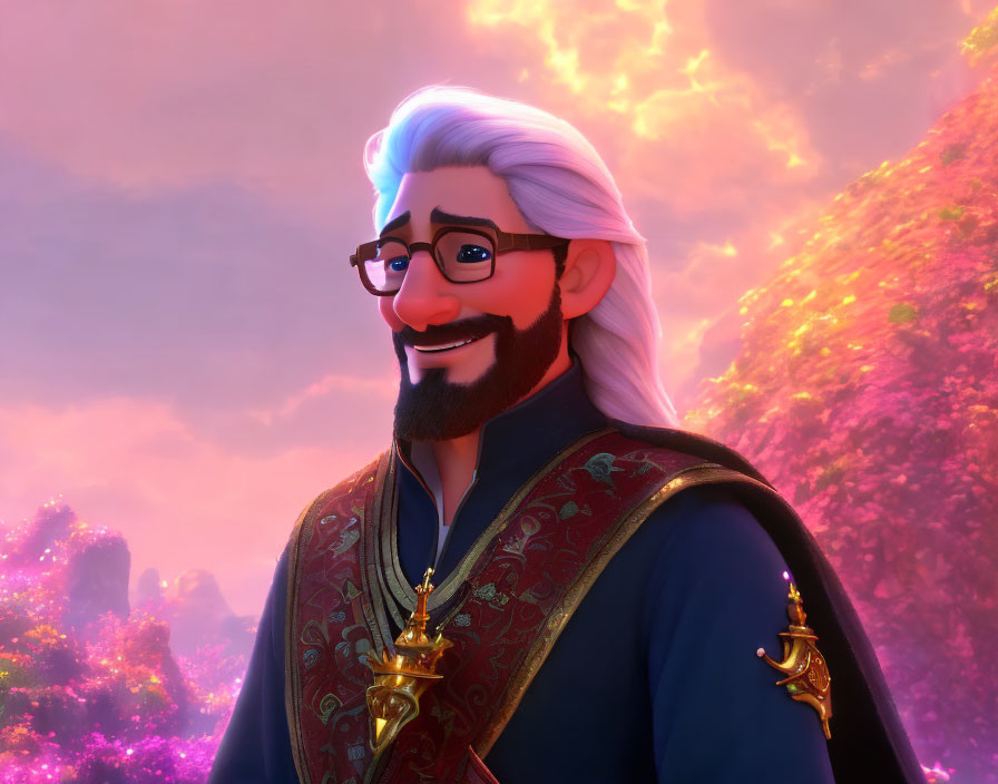 Bearded animated character in blue and gold outfit with white hair and glasses smiling on pinkish-purple background