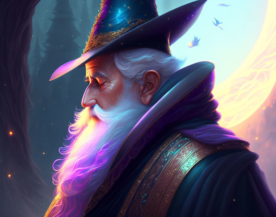 Digital Artwork: Wizard with Glowing Purple Beard in Enchanting Forest