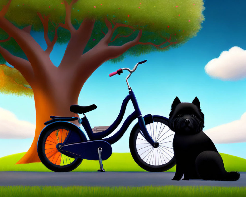 Black dog beside blue bicycle under tree with red blossoms on bright blue sky background